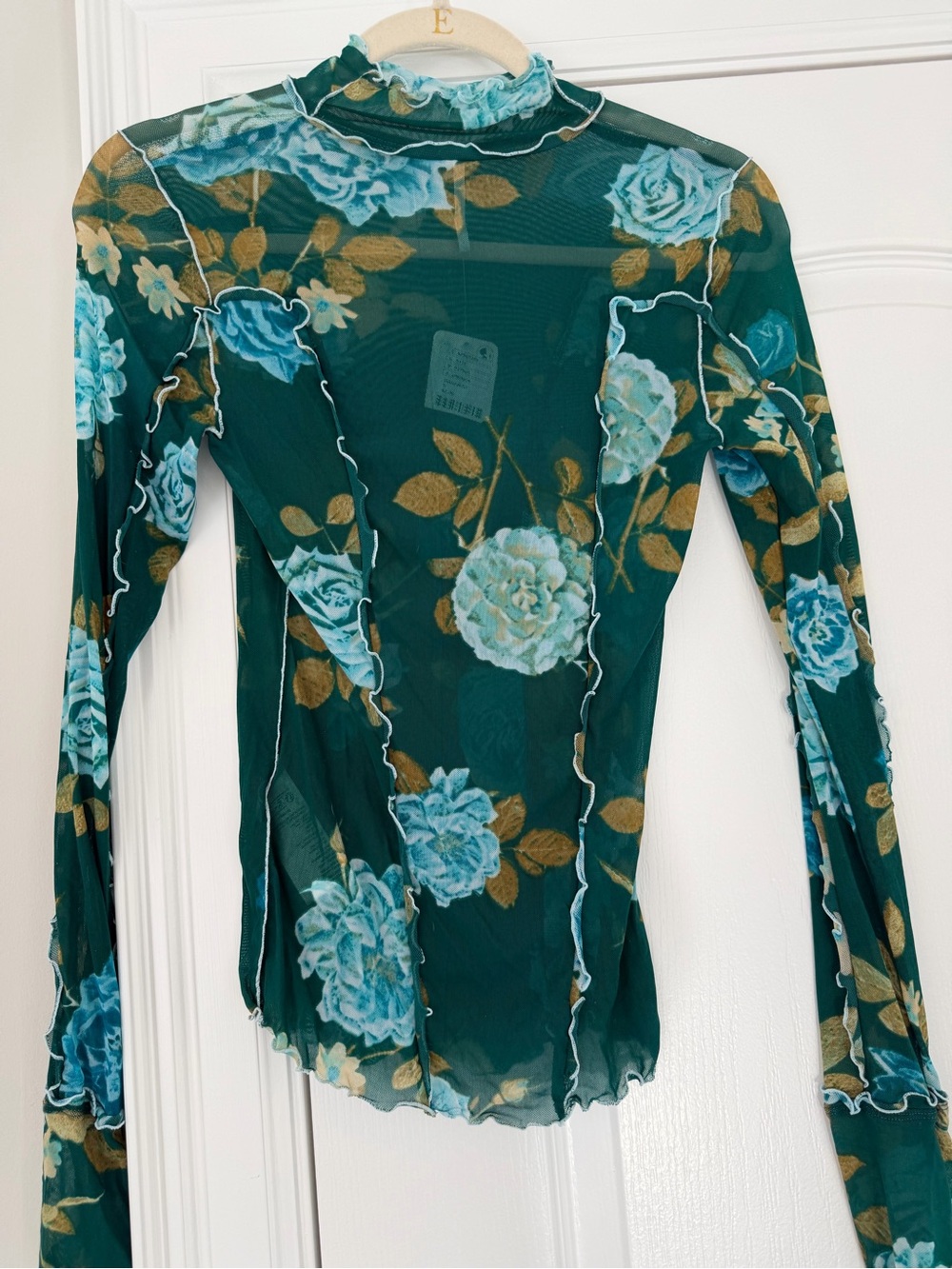 Free People Teal Floral Mesh Long-Sleeve Top